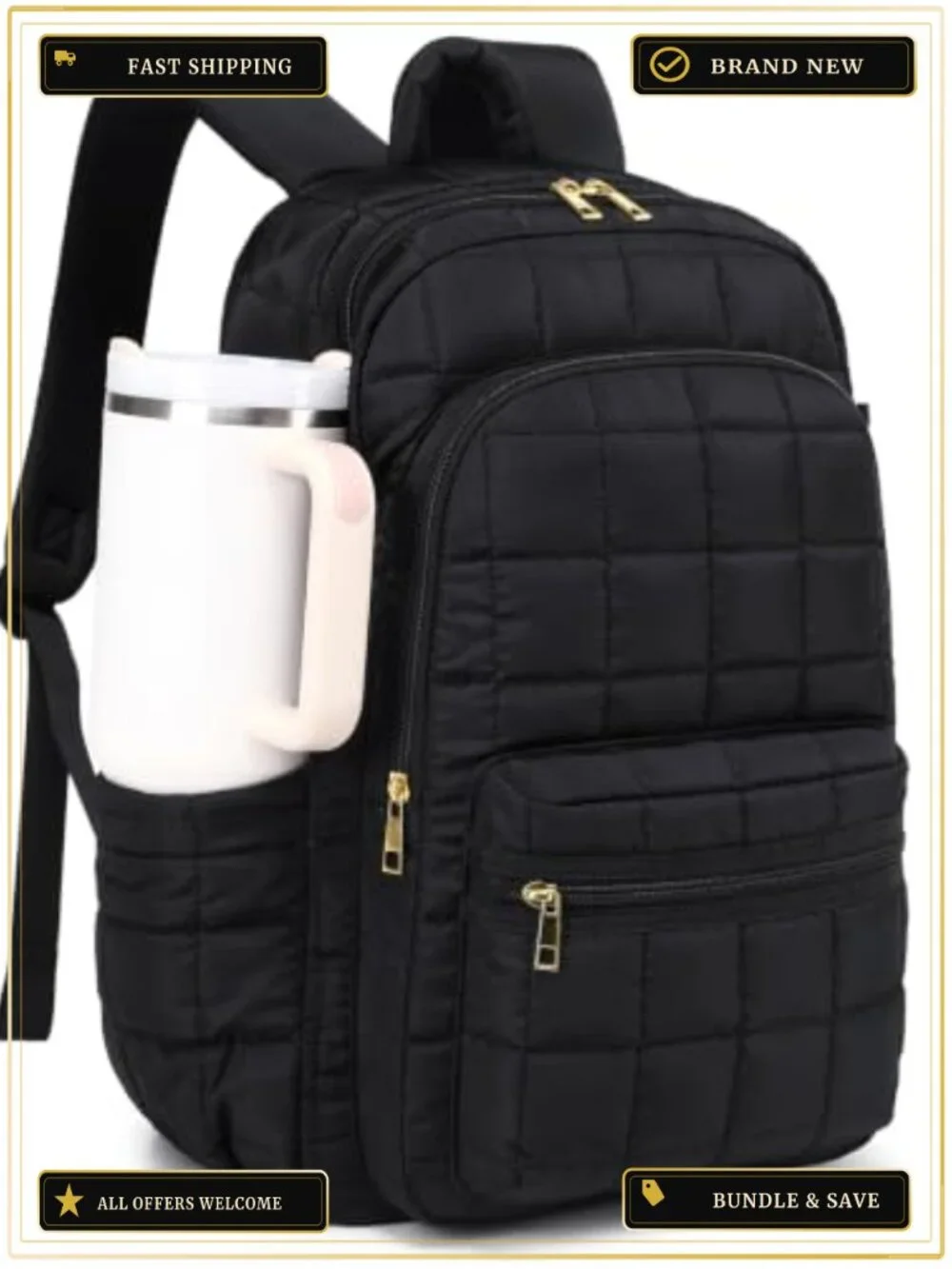 Quilted Laptop Backpack 15.6 Inch Travel Daypack for Women Casual Puffer